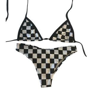 Black White Checkered Triangle Tie Top low rise cheeky bottoms bikini set S/M